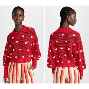 Farm Rio Red Open Knit Heart Crochet Sweater Polo Collar XS SN 318328